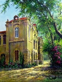 Hanif Shahzad, Goan Association Hall - Karachi, 27 x 36 Inch, Oil on Canvas, Landscape Painting, AC-HNS-098